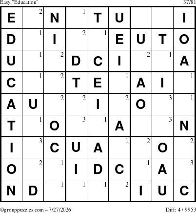 The grouppuzzles.com Easy Education-c1 puzzle for Monday July 27, 2026 with the first 3 steps marked
