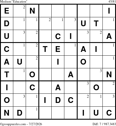 The grouppuzzles.com Medium Education-c1 puzzle for Monday July 27, 2026 with the first 3 steps marked