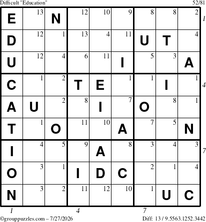 The grouppuzzles.com Difficult Education-c1 puzzle for Monday July 27, 2026 with all 13 steps marked