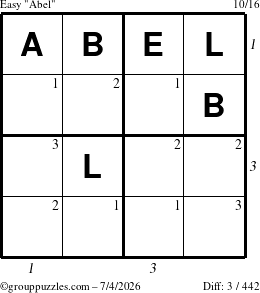 The grouppuzzles.com Easy Abel puzzle for Saturday July 4, 2026 with all 3 steps marked