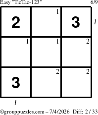 The grouppuzzles.com Easy TicTac-123 puzzle for Saturday July 4, 2026 with all 2 steps marked