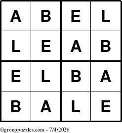 The grouppuzzles.com Answer grid for the Abel puzzle for Saturday July 4, 2026