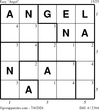 The grouppuzzles.com Easy Angel puzzle for Saturday July 4, 2026 with all 4 steps marked