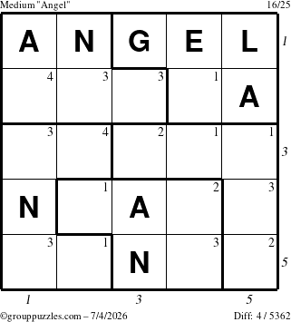 The grouppuzzles.com Medium Angel puzzle for Saturday July 4, 2026, suitable for printing, with all 4 steps marked