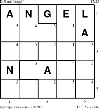 The grouppuzzles.com Difficult Angel puzzle for Saturday July 4, 2026 with all 5 steps marked