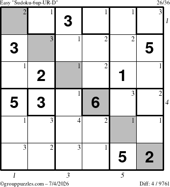 The grouppuzzles.com Easy Sudoku-6up-UR-D puzzle for Saturday July 4, 2026, suitable for printing, with all 4 steps marked