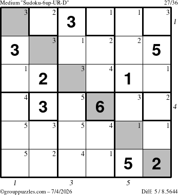 The grouppuzzles.com Medium Sudoku-6up-UR-D puzzle for Saturday July 4, 2026 with all 5 steps marked
