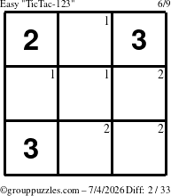 The grouppuzzles.com Easy TicTac-123 puzzle for Saturday July 4, 2026 with the first 2 steps marked
