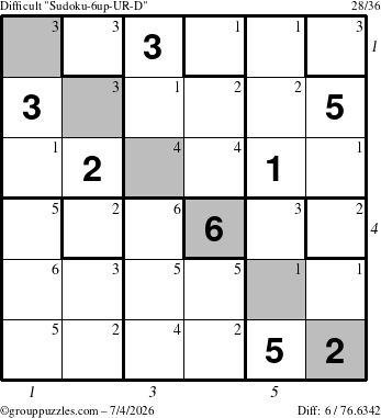 The grouppuzzles.com Difficult Sudoku-6up-UR-D puzzle for Saturday July 4, 2026, suitable for printing, with all 6 steps marked