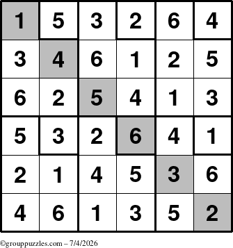 The grouppuzzles.com Answer grid for the Sudoku-6up-UR-D puzzle for Saturday July 4, 2026