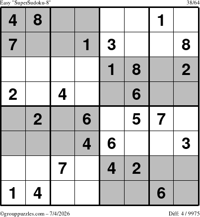 The grouppuzzles.com Easy SuperSudoku-8 puzzle for Saturday July 4, 2026