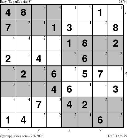 The grouppuzzles.com Easy SuperSudoku-8 puzzle for Saturday July 4, 2026, suitable for printing, with all 4 steps marked