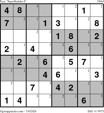 The grouppuzzles.com Easy SuperSudoku-8 puzzle for Saturday July 4, 2026 with the first 3 steps marked