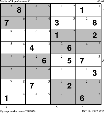 The grouppuzzles.com Medium SuperSudoku-8 puzzle for Saturday July 4, 2026, suitable for printing, with all 8 steps marked