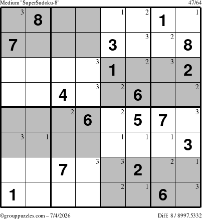 The grouppuzzles.com Medium SuperSudoku-8 puzzle for Saturday July 4, 2026 with the first 3 steps marked