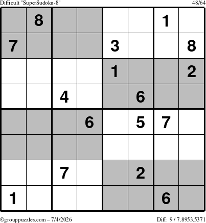 The grouppuzzles.com Difficult SuperSudoku-8 puzzle for Saturday July 4, 2026