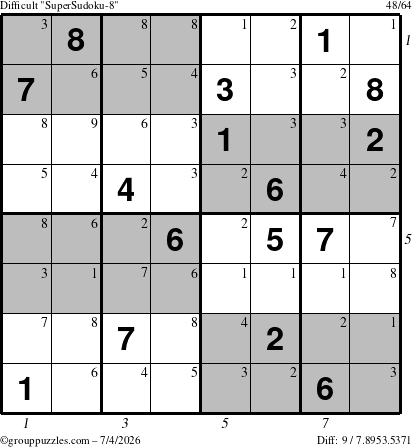 The grouppuzzles.com Difficult SuperSudoku-8 puzzle for Saturday July 4, 2026 with all 9 steps marked