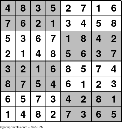 The grouppuzzles.com Answer grid for the SuperSudoku-8 puzzle for Saturday July 4, 2026