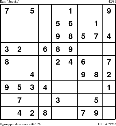 The grouppuzzles.com Easy Sudoku puzzle for Saturday July 4, 2026