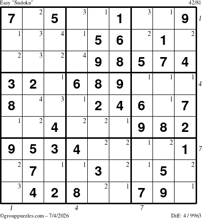 The grouppuzzles.com Easy Sudoku puzzle for Saturday July 4, 2026, suitable for printing, with all 4 steps marked