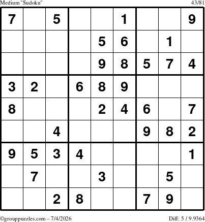 The grouppuzzles.com Medium Sudoku puzzle for Saturday July 4, 2026