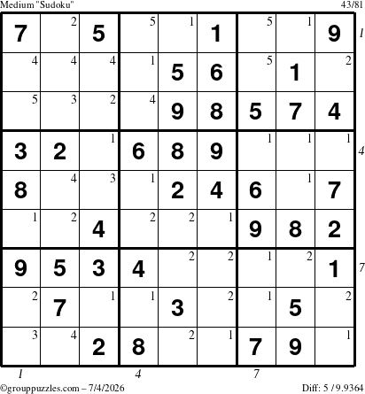 The grouppuzzles.com Medium Sudoku puzzle for Saturday July 4, 2026 with all 5 steps marked