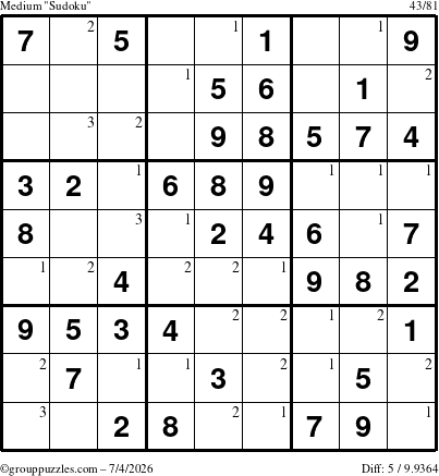 The grouppuzzles.com Medium Sudoku puzzle for Saturday July 4, 2026 with the first 3 steps marked