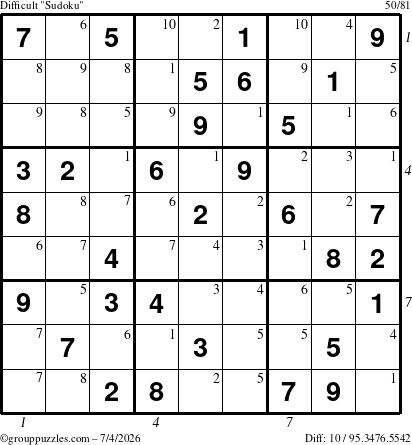 The grouppuzzles.com Difficult Sudoku puzzle for Saturday July 4, 2026 with all 10 steps marked