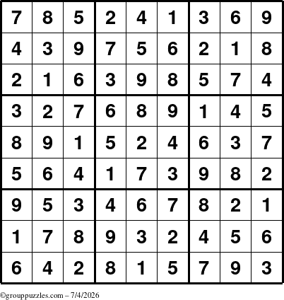 The grouppuzzles.com Answer grid for the Sudoku puzzle for Saturday July 4, 2026