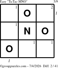 The grouppuzzles.com Easy TicTac-MNO puzzle for Saturday July 4, 2026, suitable for printing, with all 2 steps marked