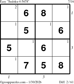 The grouppuzzles.com Easy Sudoku-4-5678 puzzle for Friday January 30, 2026 with all 2 steps marked