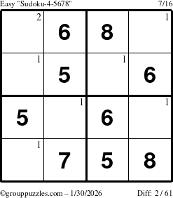 The grouppuzzles.com Easy Sudoku-4-5678 puzzle for Friday January 30, 2026 with the first 2 steps marked