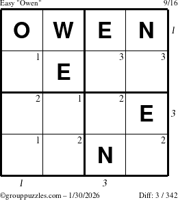 The grouppuzzles.com Easy Owen puzzle for Friday January 30, 2026 with all 3 steps marked