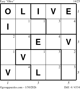 The grouppuzzles.com Easy Olive puzzle for Friday January 30, 2026 with all 4 steps marked