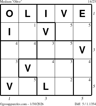 The grouppuzzles.com Medium Olive puzzle for Friday January 30, 2026, suitable for printing, with all 5 steps marked