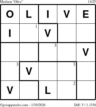 The grouppuzzles.com Medium Olive puzzle for Friday January 30, 2026 with the first 3 steps marked