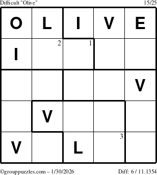 The grouppuzzles.com Difficult Olive puzzle for Friday January 30, 2026 with the first 3 steps marked