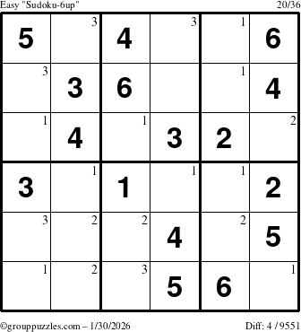 The grouppuzzles.com Easy Sudoku-6up puzzle for Friday January 30, 2026 with the first 3 steps marked