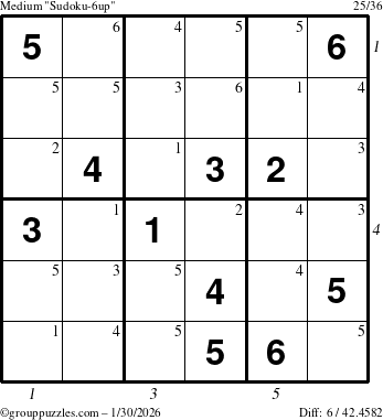 The grouppuzzles.com Medium Sudoku-6up puzzle for Friday January 30, 2026 with all 6 steps marked