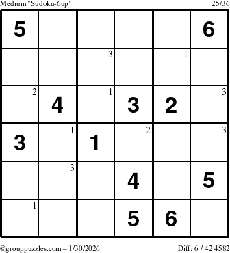 The grouppuzzles.com Medium Sudoku-6up puzzle for Friday January 30, 2026 with the first 3 steps marked