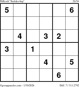 The grouppuzzles.com Difficult Sudoku-6up puzzle for Friday January 30, 2026