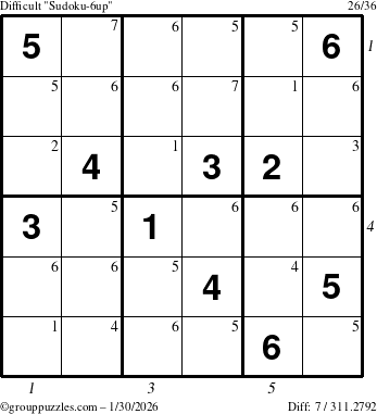 The grouppuzzles.com Difficult Sudoku-6up puzzle for Friday January 30, 2026, suitable for printing, with all 7 steps marked