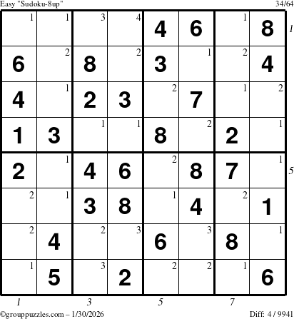 The grouppuzzles.com Easy Sudoku-8up puzzle for Friday January 30, 2026, suitable for printing, with all 4 steps marked