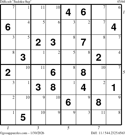 The grouppuzzles.com Difficult Sudoku-8up puzzle for Friday January 30, 2026, suitable for printing, with all 11 steps marked