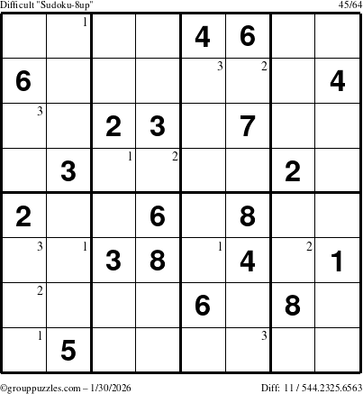 The grouppuzzles.com Difficult Sudoku-8up puzzle for Friday January 30, 2026 with the first 3 steps marked