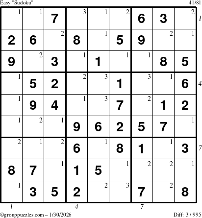The grouppuzzles.com Easy Sudoku puzzle for Friday January 30, 2026, suitable for printing, with all 3 steps marked