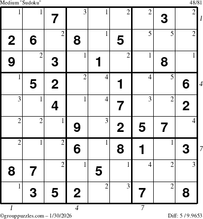 The grouppuzzles.com Medium Sudoku puzzle for Friday January 30, 2026 with all 5 steps marked