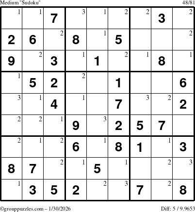 The grouppuzzles.com Medium Sudoku puzzle for Friday January 30, 2026 with the first 3 steps marked