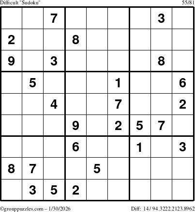 The grouppuzzles.com Difficult Sudoku puzzle for Friday January 30, 2026