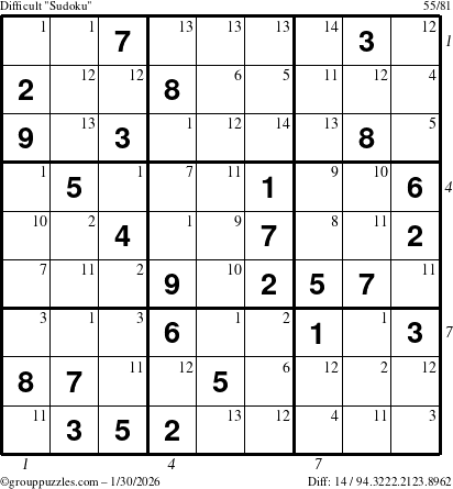 The grouppuzzles.com Difficult Sudoku puzzle for Friday January 30, 2026, suitable for printing, with all 14 steps marked